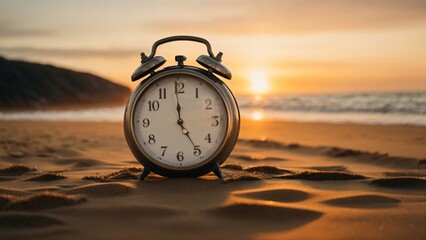 Vintage twin bell alarm clock on the beach at sunset. A perfect illustration for time management. - obrazy, fototapety, plakaty