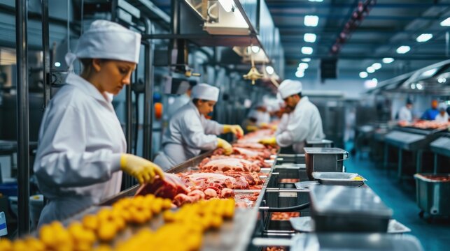 Production line in the food factory.Factory for the production of food from meat.Industrial equipment at a meat factory.Automated production line in modern food factory.People working.