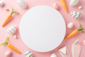 Easter art concept: Top-view photo of minimalist painted eggs, sweet bunny ears, and carrots as...