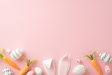 Easter concept design: Top view image of minimal eggs, adorable bunny ears, and carrot treats for...