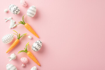 Easter vibe concept: Overhead picture of basic colored eggs, charming bunny decor, and carrots for...