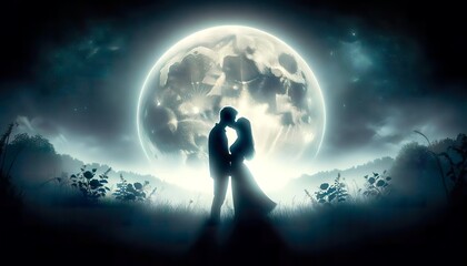 A romantic couple kissing under the Bright moonlight, with the silhouette of a full moon in the background. This scene captures a moment of love and intimacy.
