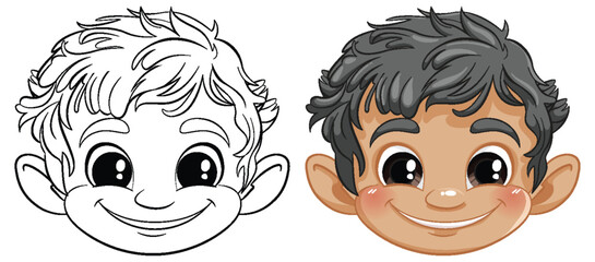 Two smiling boys' faces, one colored, one outlined.
