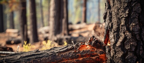 Mysterious Tree Trunk Covered in Intriguing Burnt Orange Substance in Enchanted Forest - obrazy, fototapety, plakaty