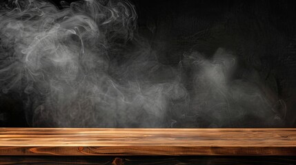 On a black background, an empty wooden table with smoke floats up. Empty space for displaying your products, with a smoke float up on a dark background. Space available for displaying your products. - obrazy, fototapety, plakaty