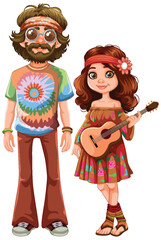 Cartoon hippies with colorful clothing and guitar.