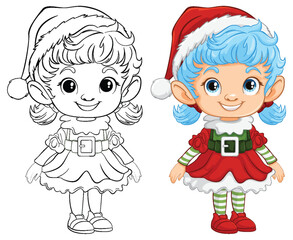 Black and white and colored Christmas elf drawings.