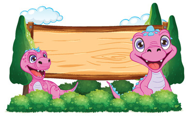 Two cartoon dragons beside an empty signboard. - obrazy, fototapety, plakaty