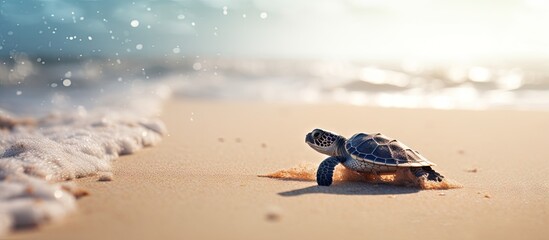Adorable Baby Turtle Crawling on Sandy Seashore under the Sunlight - Powered by Adobe