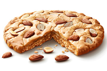 A 3D animated cartoon render of a giant almond cookie with a bite taken out. - obrazy, fototapety, plakaty