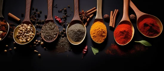 Fotobehang Aromatic Collection of Diverse Spices Arranged on a Stylish Black Background © Ilgun