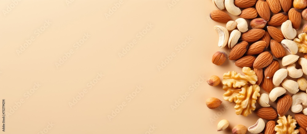 Poster assorted almonds and nut mix on neutral beige background for healthy snacking concepts