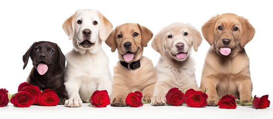 Adorable Trio of Puppies with Red Roses in a Charming Display of Affection and Joy