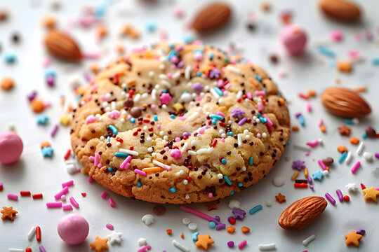 A 3D animated cartoon render of an almond cookie surrounded by colorful sprinkles.