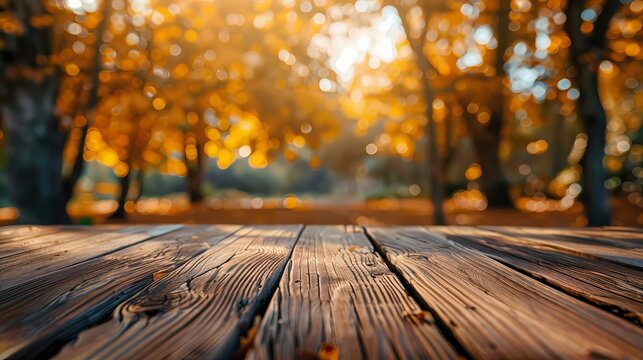 The empty wooden table top with blur background of autumn. Exuberant image. 