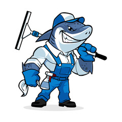 Shark window cleaner cartoon character holding a squeegee . Vector illustration