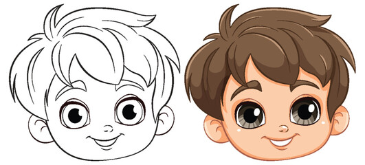 Two stages of a boy's face, sketch and color