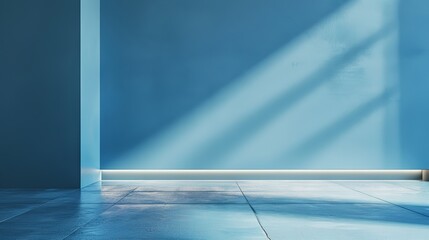 Universal minimalistic blue background for presentation. A light blue wall in the interior with beautiful built-in lighting and a smooth floor. 