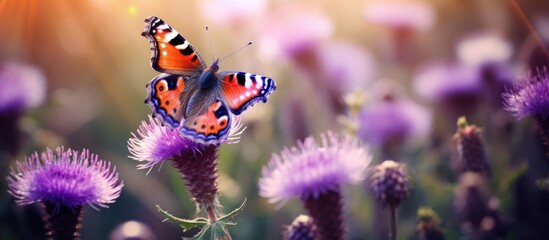 Beautiful Butterfly Resting on Vibrant Violet Petal in a Colorful Garden Setting