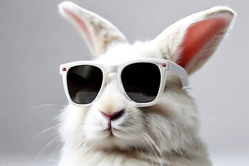 white cute rabbit with sunglass, AI Generative