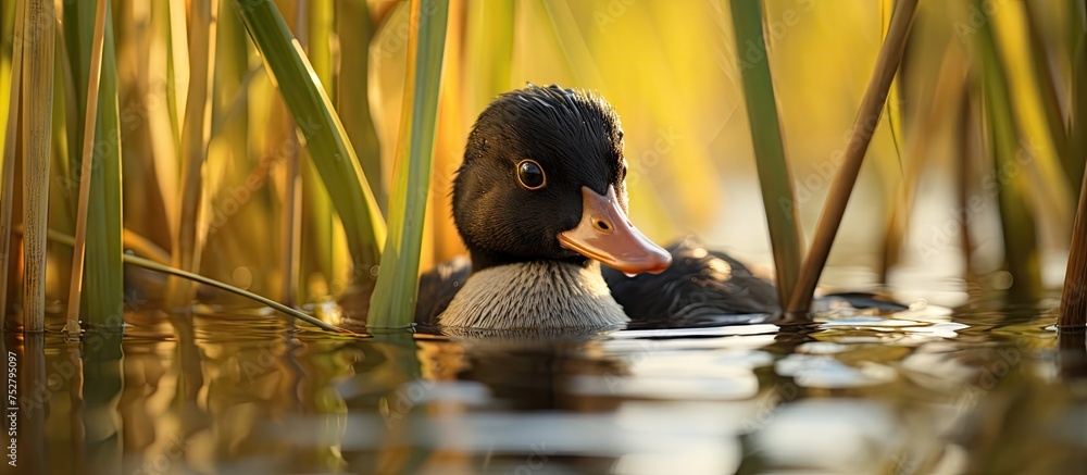 Poster Graceful Duck Gliding Peacefully in Tranquil Waters of a Vibrant Pond