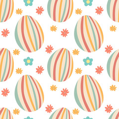Vector colored Easter eggs seamless pattern for Easter holidays on background. Patterns, flowers, lines, dots,hearts. Vector illustration flat cartoon style. EPS 10