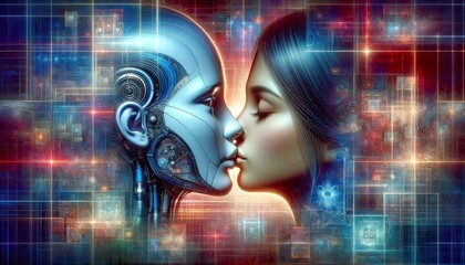 A futuristic love story featuring a detailed image of a cute woman kissing a robot, representing a romantic couple in the digital age.