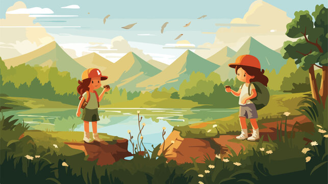 Illustration of kids in a beautiful nature .. flat vector