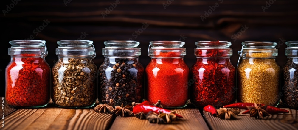 Aufkleber vibrant array of seasoning jars filled with colorful spices in a spice market display