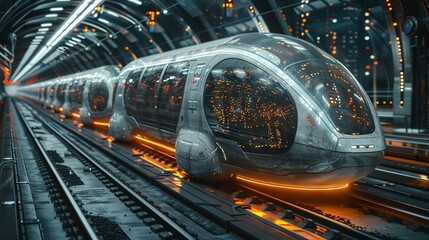 A futuristic of commuters in a high speed train, futuristic technology of transport