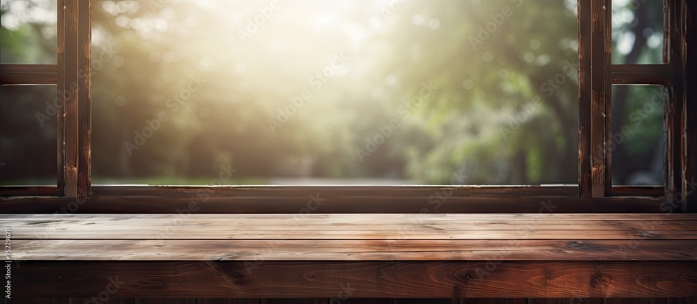 Poster rustic wooden table with sunlight streaming through window in scenic home setting