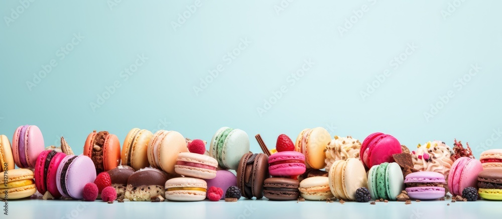 Poster Colorful Assortment of Delicate Macarons Lined Up on Display Shelf