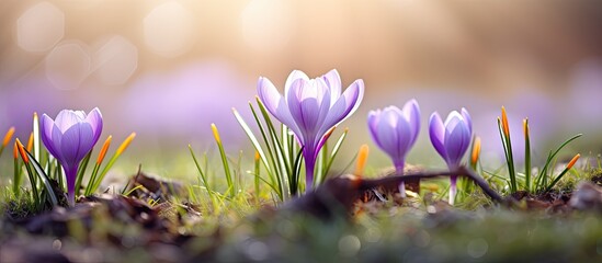 Vibrant Crocus Flowers Blooming Among Green Grass on a Sunny Spring Day