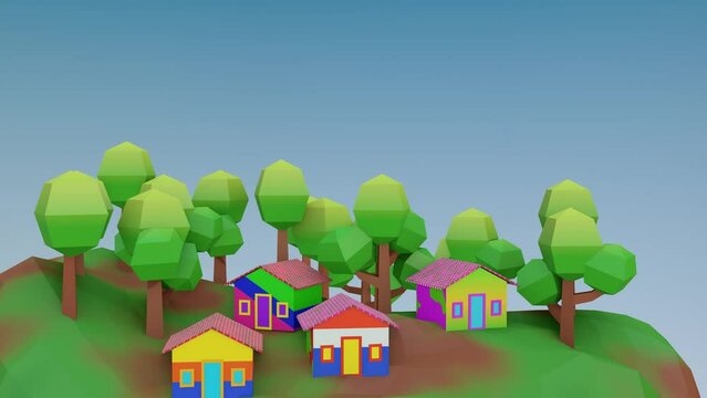 3d isometric diorama island with some trees and houses. 3D nature intro with camera moving forward and text space on blue sky