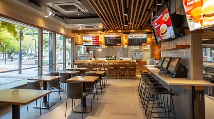 Fast Food Restaurant with Modern Design and Wooden Seating Generative AI - obrazy, fototapety, plakaty