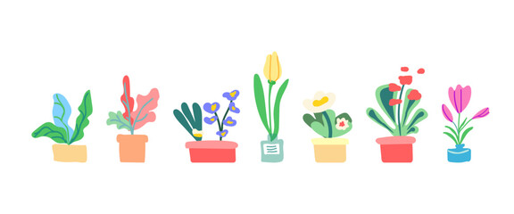 Collection spring flowers and leaves in the pot. Flowering plants. Blooming flowers and foliage. Flat graphic vector illustration on white background. Colorful hand drawn illustration