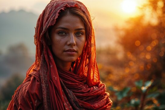 Beautiful Indian woman with red shawl at sunset or sunrise.