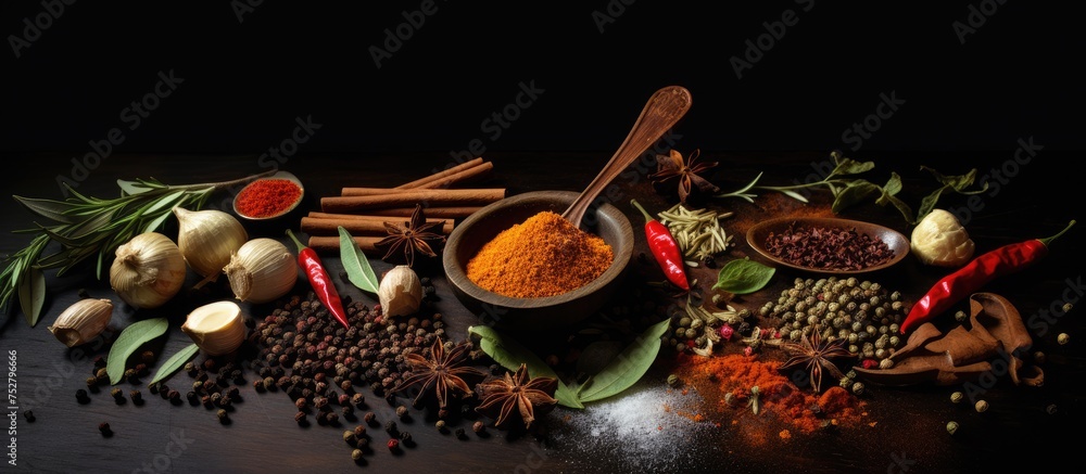 Sticker Artisanal Infusion: A Variety of Flavorful Spices and Herbs Adorning a Rustic Wooden Table