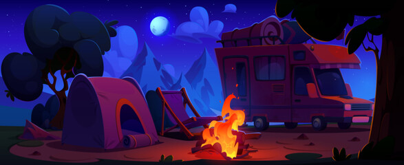 Naklejki  Camping place with camper van with baggage on top, tent, lounge chair and bonfire in forest near mountains at night under moonlight. Cartoon summer dusk scene with caravan during outdoor vacation.