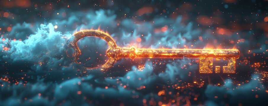 Digital clouds part as an ancient key floats unlocking secrets of the future ethereal lights