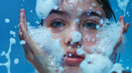 Intimate Beauty Routine with Close-Up of Model's Face Covered in Soap Suds - obrazy, fototapety, plakaty