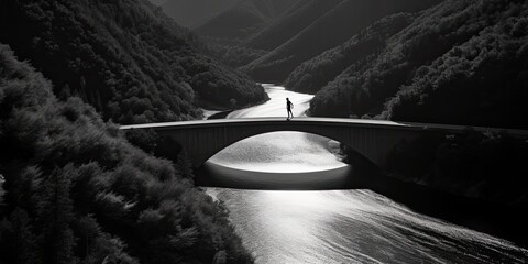 As the arch bridge towers overhead, a tunnel emerges beneath, casting its reflection upon the serene surface of the water, a stunning display of symmetry and tranquility - obrazy, fototapety, plakaty