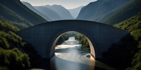 The arch bridge casts its shadow over the tunnel below, its reflection shimmering in the calm waters, a picturesque scene of architectural elegance and natural beauty - obrazy, fototapety, plakaty