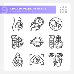 Fototapeta premium Artificial insemination linear icons set. Genetic material collecting. Dna freezing. Child care, breastfeeding. Customizable thin line symbols. Isolated vector outline illustrations. Editable stroke