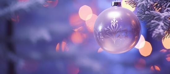 Fototapeta na wymiar Christmas Ball Hanging on Tree Branch with Blurred Bokeh Lights Effect