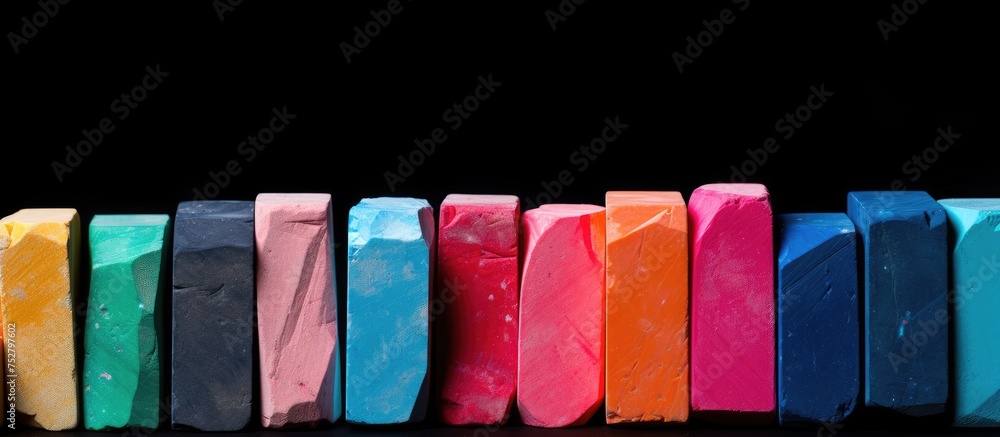 Poster vibrant array of multicolored cubes arranged in a perfect line on dark background