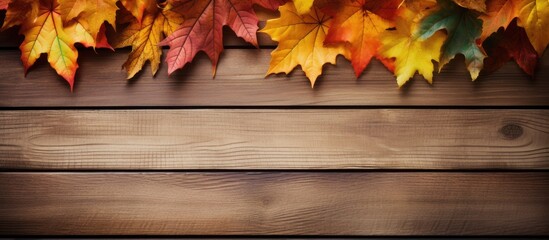 Naklejka na ściany i meble Rustic Wood Background Adorned with Vibrant Autumn Leaves and Seasonal Foliage