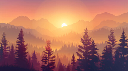 Vector horizontal landscape with fog forest mountains