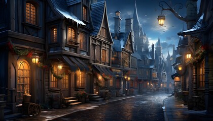 Fantasy illustration of an old town at night with a street lantern