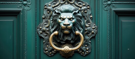 Majestic Lion Head Engraved on Verdant Green Door of Ancient Shrine